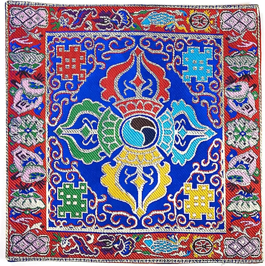 Support Bol Chantant Tibétain en Brocart et Nappe d'Autel de 22x22 cm