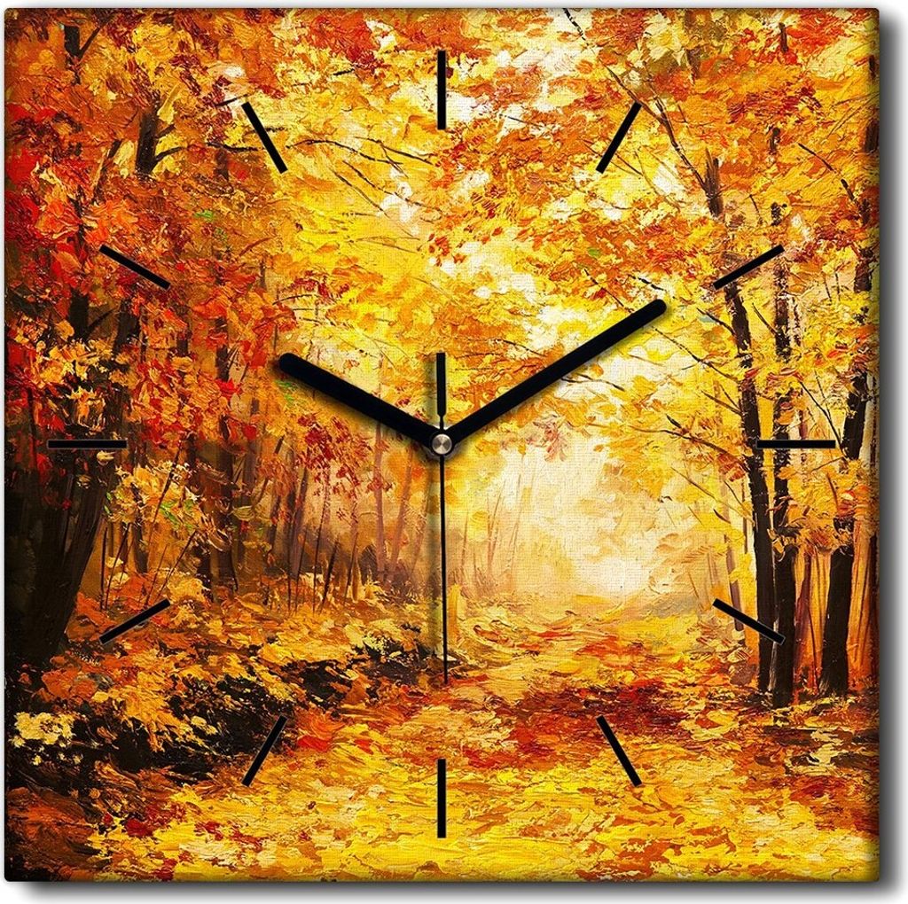 Coloray Uhr auf Leinwand 30x30 cm Wand Uhr Dekoration Wohnzimmer Segeltuch schwarze Hände -Herbstwaldlandschaft.