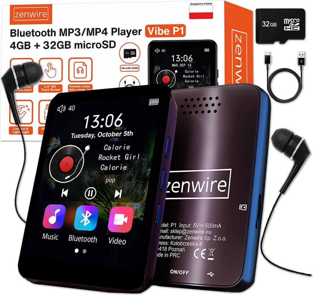 Tragbarer Player - MP3 und MP4 - Bluetooth - FM-Radio - Diktiergerät - SD - Kopfhörer - 36 GB
