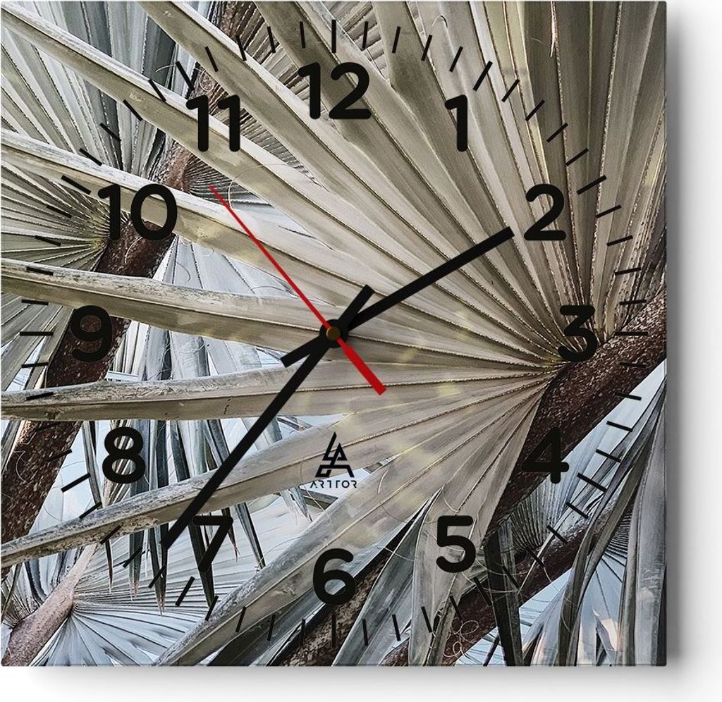 Wanduhr - Quadrat - Glasuhr - Blatt Palme Natur - 40x40cm - Schleichendes Uhrwerk - Lautlos - zum Aufhängen bereit - Dekoration Modern - Wanddekor...