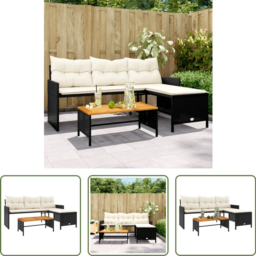 The Living Store Gartensofa in L-Form mit Tisch und Kissen Schwarz Poly Rattan