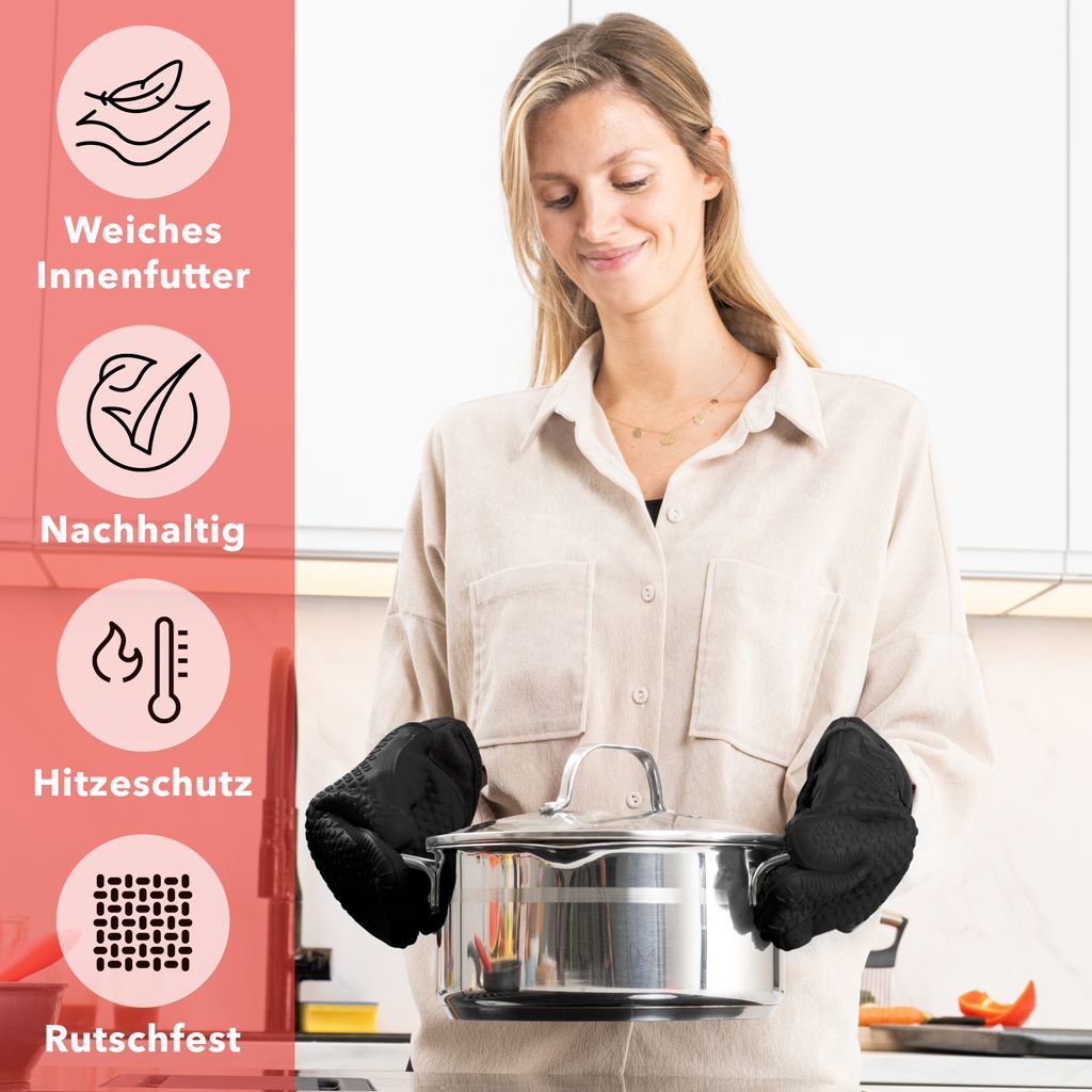 Kitchen Perfection Silikon-Ofenhandschuhe – Extrem Hitzebeständig (bis 500°C), Mit Griff, Set Mit Bonus