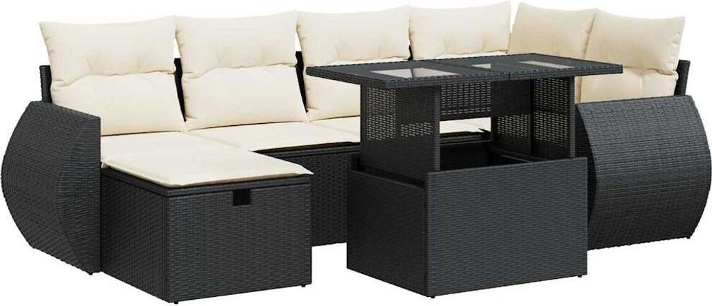 vidaXL 7-tlg. Garten-Sofagarnitur mit Kissen Schwarz Poly Rattan