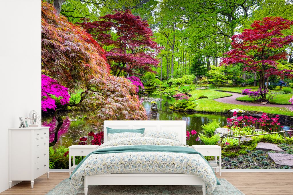 MuchoWow Fototapete für Wohnzimmer oder Schlafzimmer Wandtapete Vinyl Motivtapete Bäume - Blumen - Japanisch - Natur - Wasser - 360x240 cm - Vi...