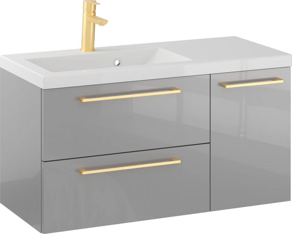 Rosen 90.2 cm Badezimmerschrank in Grau Hochglanz mit Waschbecken und Griffen in Edelstahl gebürstet - Zeitloses Design
