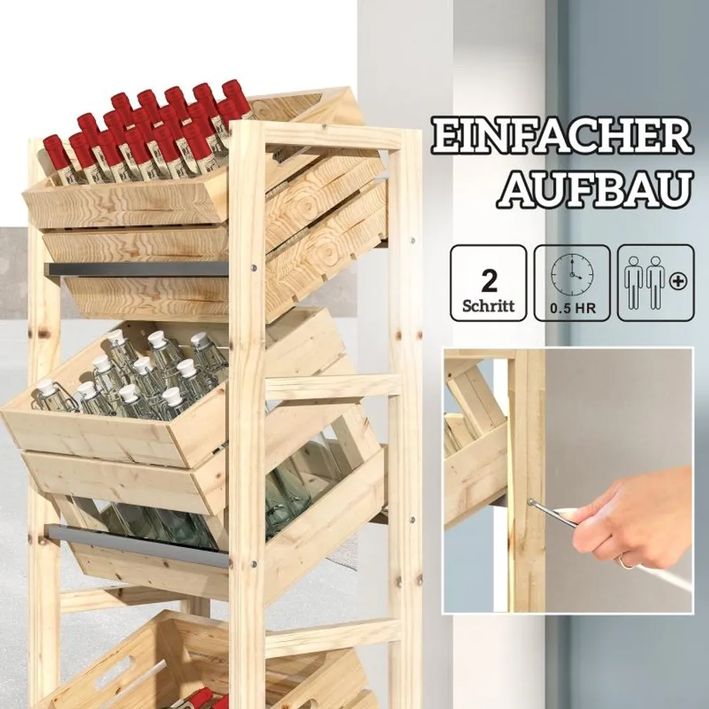 Fortuna Lai Scaffale per 3 casse di bevande Scaffale per bevande in legno Scaffale a 3 ripiani indipendente Supporto per casse di bevande con portata 150 kg Scaffale per birra, acqua 56 x 32 x 112 cm Legno naturale - 7