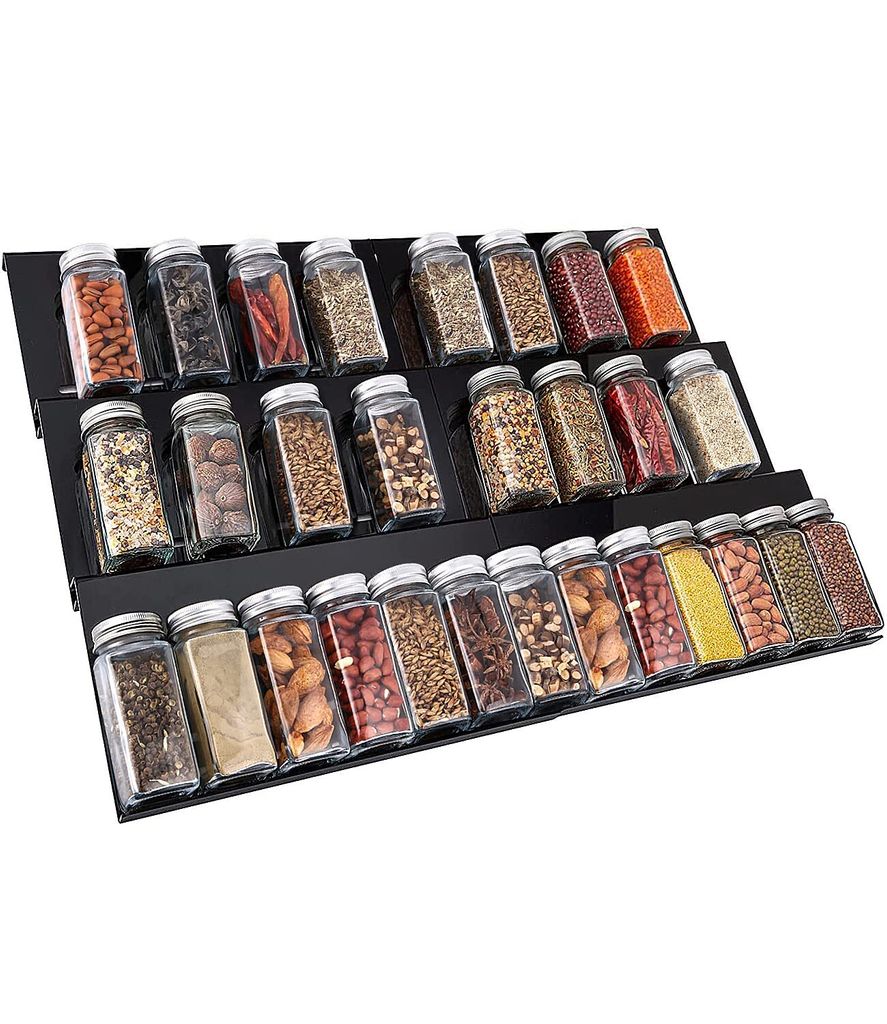 Gewürzschubladeneinsatz von 30cm bis 60cm, erweiterbares Gewürzregal für Schubladen, Organizer, Gewürzeinsatz Schublade auf 3 Ebenen, schwarz