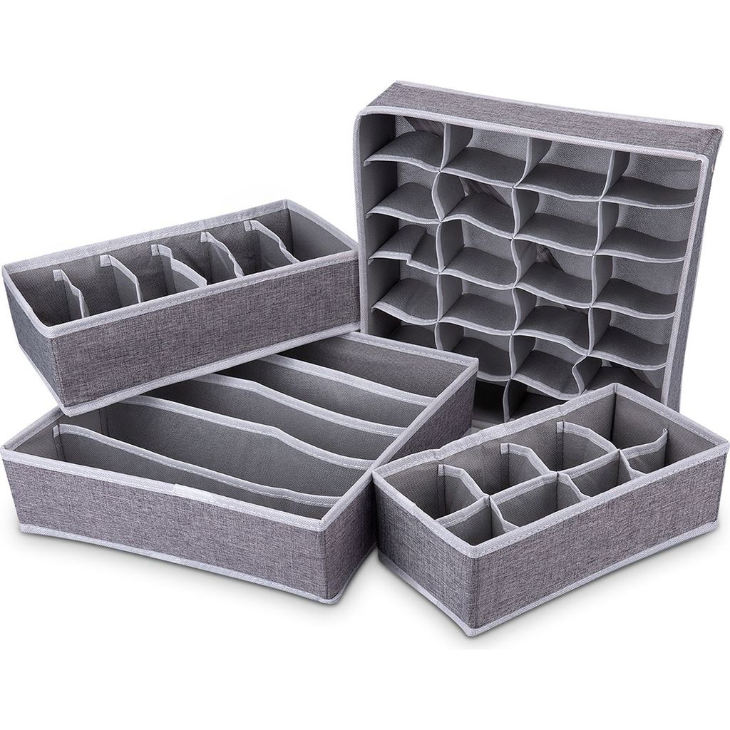 4er Aufbewahrungsbox,Unterwäsche Ordnungssystem für Kleiderschrank, faltbar, Ordnungsboxen für BHs, Unterwäsche, Socken, Krawatten,grau