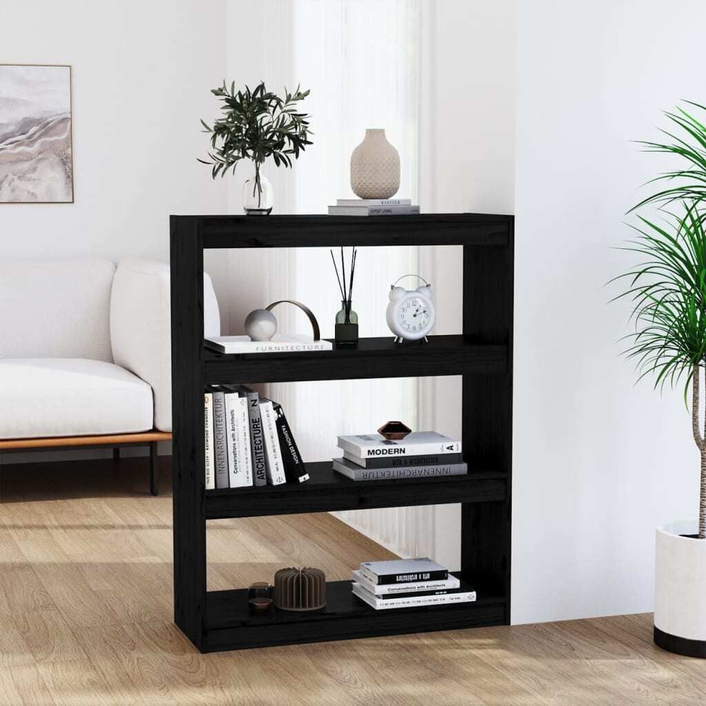 The Living Store Bücherregal Raumteiler Schwarz 80x30x103,5 cm Massivholz Kiefer