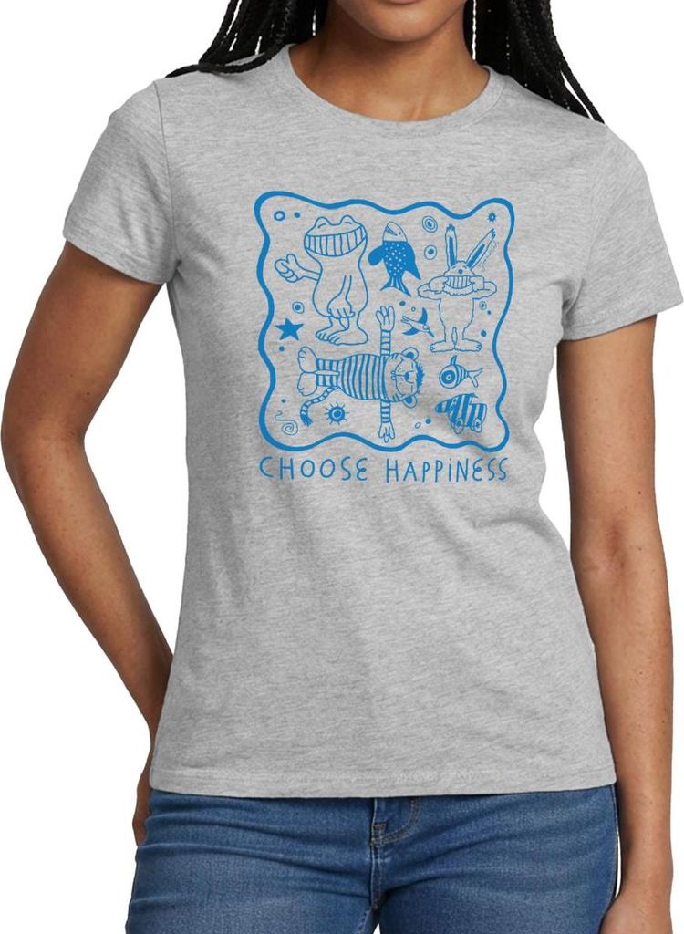 Spreadshirt Janosch Choose Happiness Ausmalmotiv Frauen T-Shirt, XL, Grau meliert