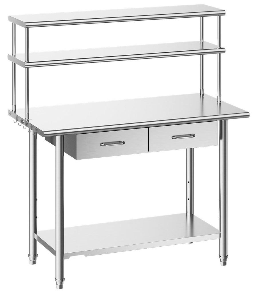 Gastronomie Arbeitstisch 122 x 61 x 140 cm - Edelstahl Vorbereitungstisch - Mit Grundboden - 2 Schubladen - Doppelaufsatzbord - Für Küche Restaur...