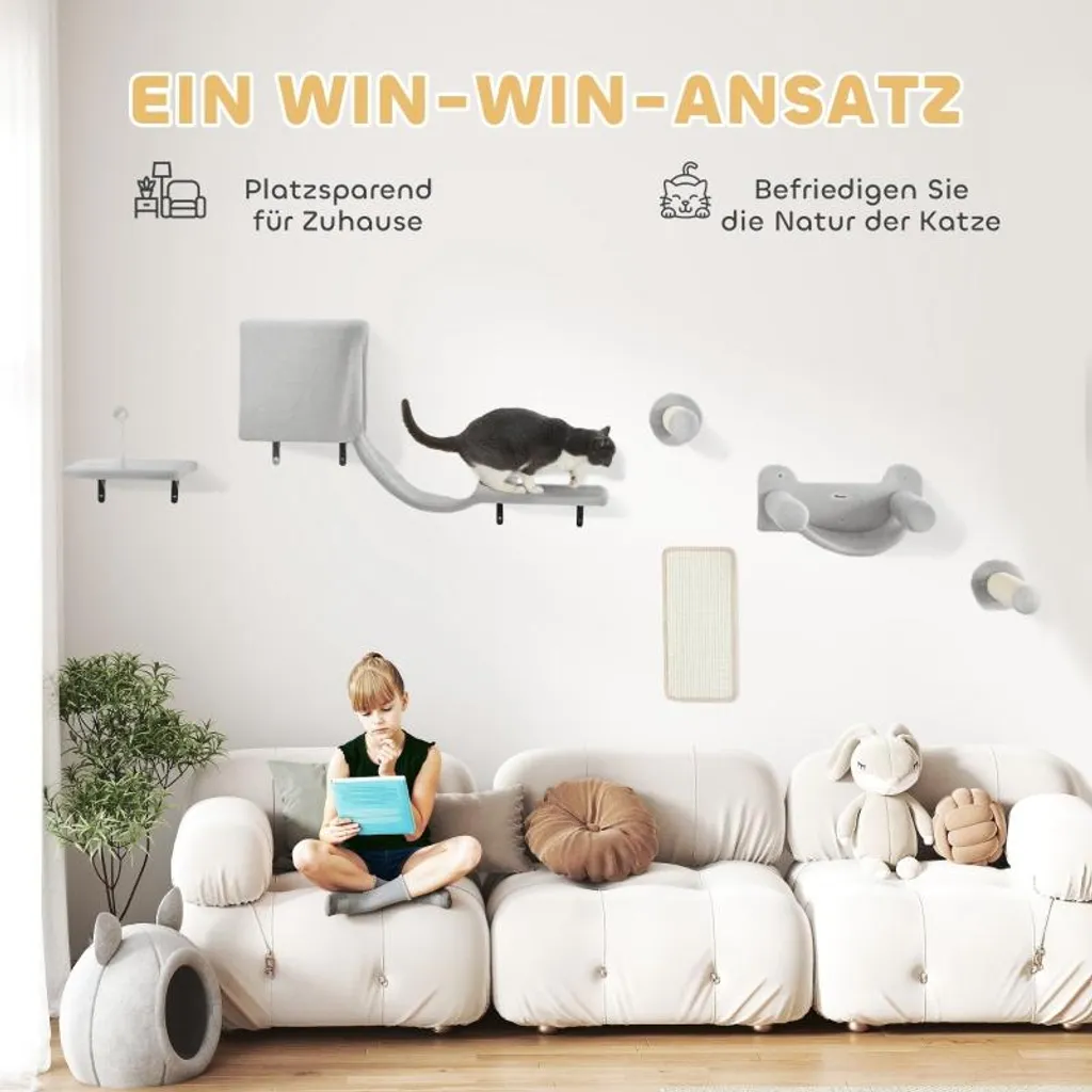 Mur d'Escalade Chat contre l'Ennui avec Griffoir et Hamac Suspendu Gris - 4