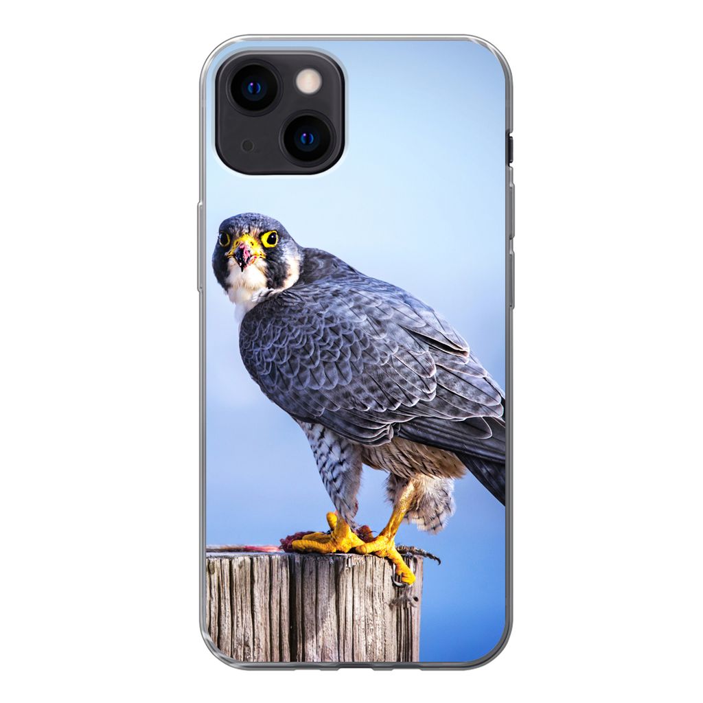 MuchoWow Handyhülle Schutzhülle Hülle für iPhone 13 Nahaufnahme eines Raubvogels auf einer dicken Holzstange Silikon Softcase Handy Hülle - ...