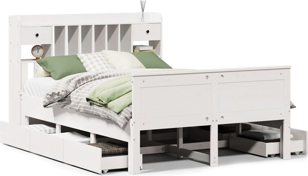 vidaXL Massivholzbett mit Regal ohne Matratze Weiß 150x200 cm Kiefer