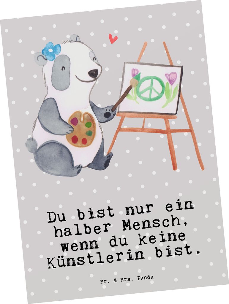 Mr. & Mrs. Panda Grußkarte Künstlerin Herz - Grau Pastell - Geschenk, Witzig, Kunstkarten, Malerin, Spruch, Postkarte, Postkarten, Motivkarte, Ku...