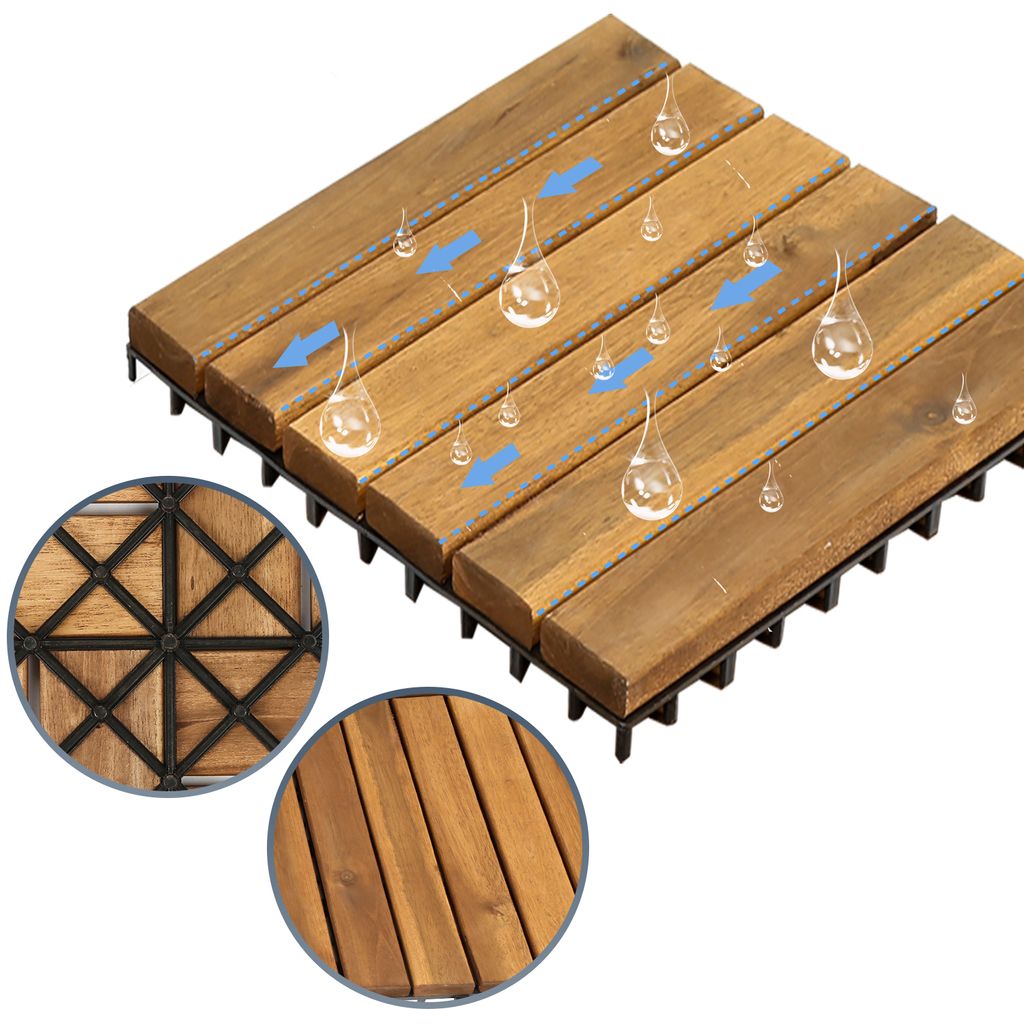 Jopassy Holzfliesen 22er-Set, Terrassenfliesen aus Akazienholz, 30x30cm, 2 m² Balkonfliesen, Bodenbelag mit Drainagensystem - 6 Latten pro stück