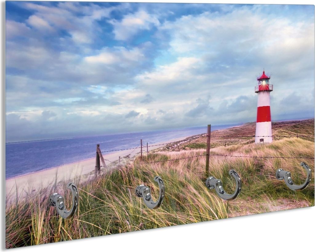 Wallario Schlüsselbrett aus Glas, Motiv: Leuchtturm am Strand von Sylt, 30 x 20 cm mit 4 Haken