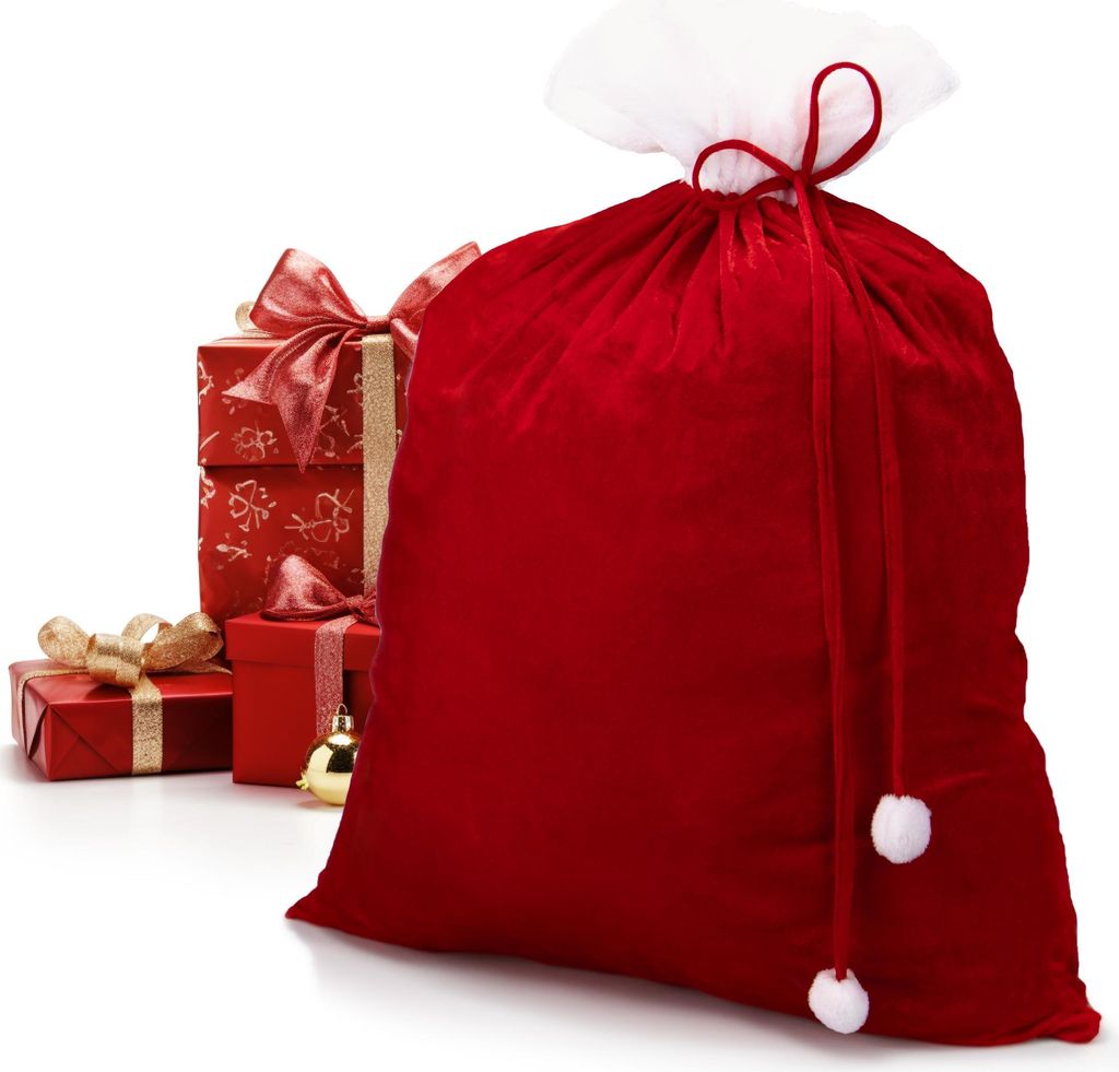 com-four Edler XXL Weihnachtssack aus Samt mit langer Kordel & weißen Bommeln - Geschenksack für Weihnachtsmannkostüm & Dekoration - Nikolausb...