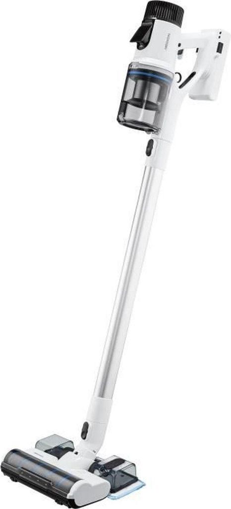 A white cordless vacuum cleaner is shown against a white background.