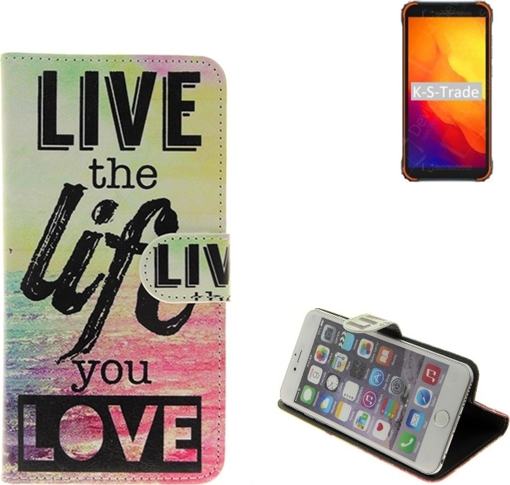 K-S-Trade Schutzhülle Handyhülle kompatibel mit Blackview BV4900S 360° Wallet Case ''live life love'' Klapphülle Tasche Etui Smartphone Flip cover