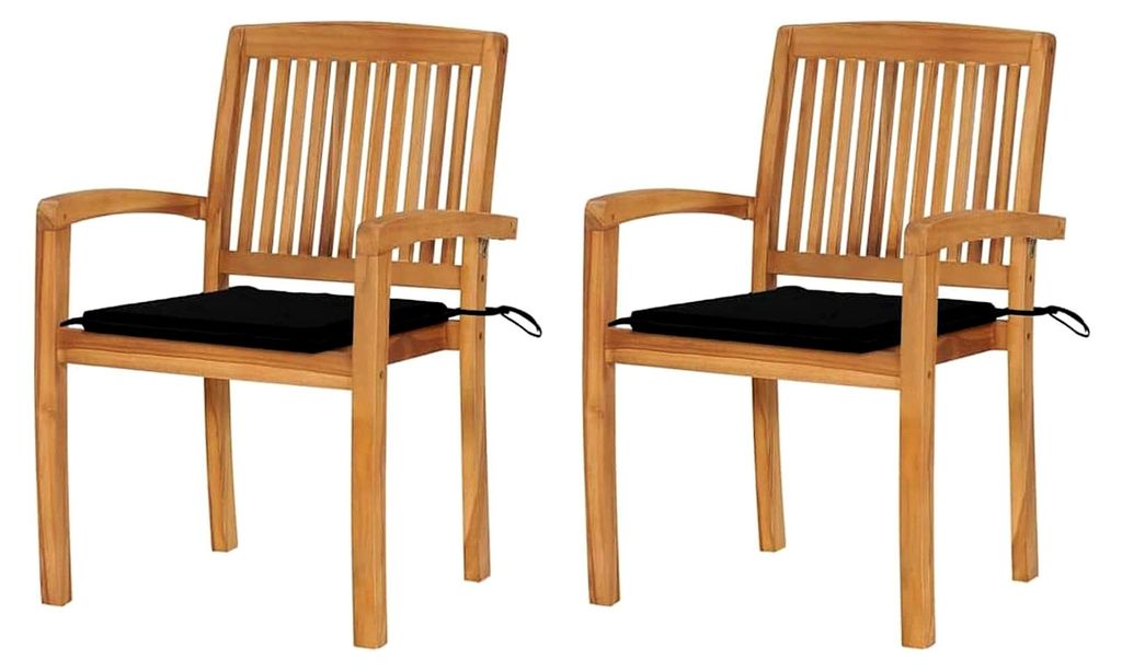 Gartenstühle aus Vintage-Teakholz mit Polstern - Schwarz, witterungsbeständig, stapelbar