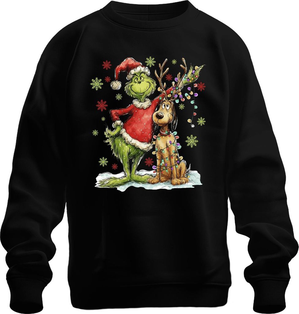 Grinch Weihnachten Rentier Lichterkette Schneeflocken Geschenk Uni Sweatshirt Pullover, Schwarz, M