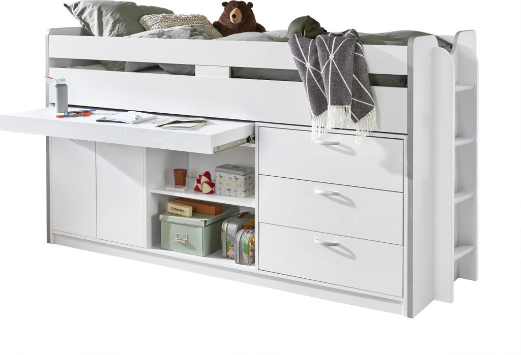 RELITA - Hochbett Ponny mit Stauraum unter dem Bett, inkl. Bodenplatten als MatratzenauflageWeiß/Weiß Hochglanz