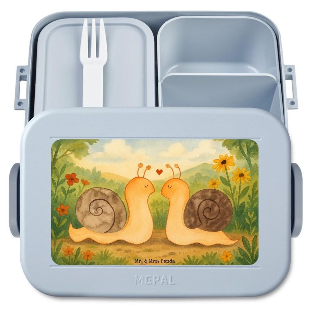 Mr. & Mrs. Panda Bentobox Schnecken Liebe Design - Blau Pastell - Geschenk, Ehefrau, Lebensmittelbehälter, Lunchbox, Vesperbox, Verliebt, glückli...