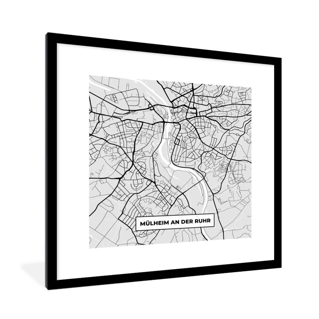 MuchoWow Gerahmtes Poster Mülheim An Der Ruhr - Karte - Deutschland - Karte 40x40 cm - Poster mit Schwarzem Bilderrahmen Wandposter Rahmen Foto ...