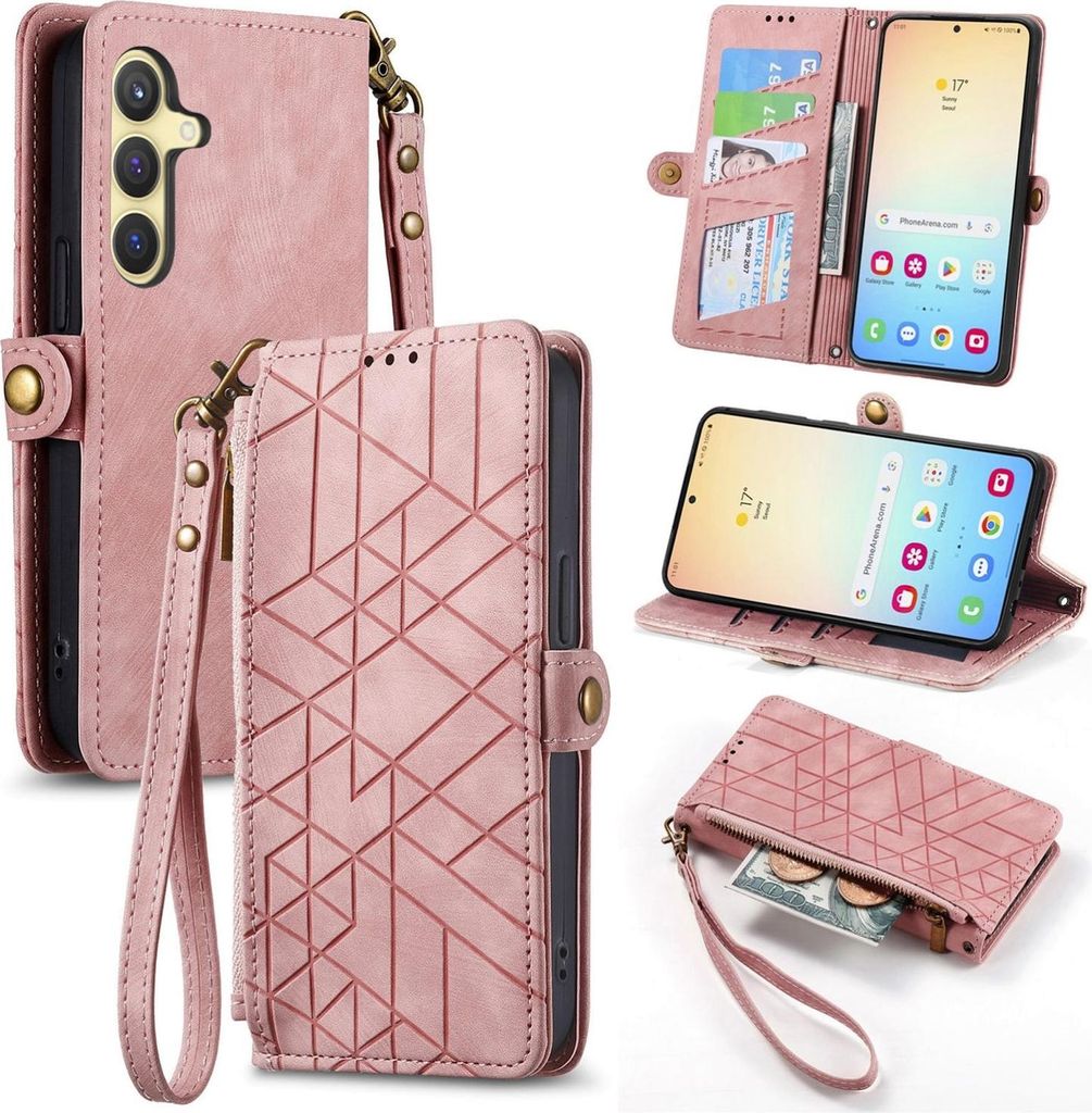 Für Samsung Galaxy S25 FE 5G Geometric Design Kunstleder Zipper Book Wallet Tasche mit Schlaufe Rosa
