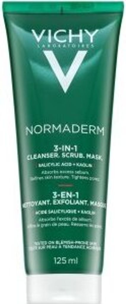 A green tube of Vichy Normaderm 3-in-1 Cleanser, Scrub, Mask.