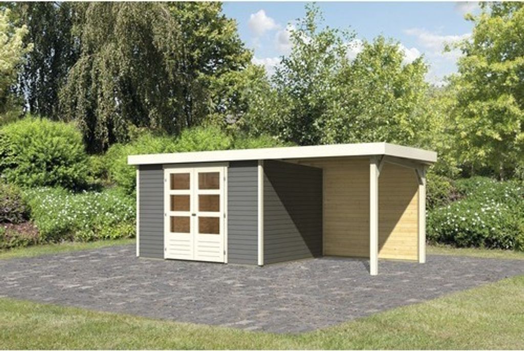 Gartenhaus Karibu Kodiak 5 inkl. Schleppdach 2,4 m und Rückwand 554 x 262 cm terragrau