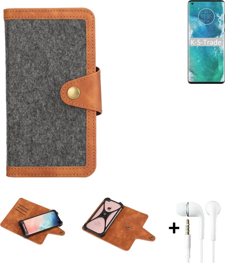 K-S-Trade Handyhülle + Kopfhörer kompatibel mit Motorola Edge+ Schutzhülle Filzhülle Kunstleder dunkelgrau braun (1x)
