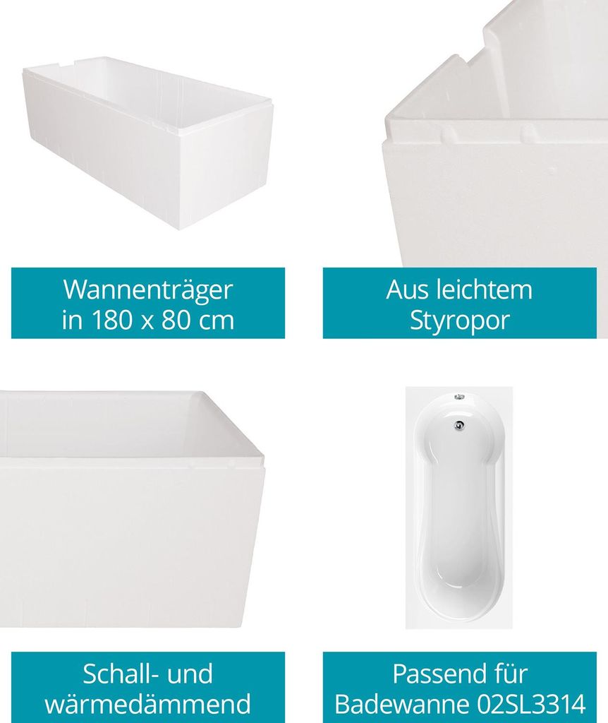 Calmwaters Wannenträger 180 x 80 cm Modern Small 2, Passend für Rechteck-Badewanne 180x80 cm, Styroporträger, Schall- und wärmedämmend, Dire...