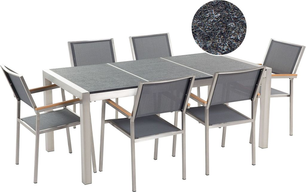 BELIANI Gartenmöbel Set Schwarz Grau Granit Edelstahl Tisch 180 cm Geflammt 6 Stühle Terrasse Outdoor Modern
