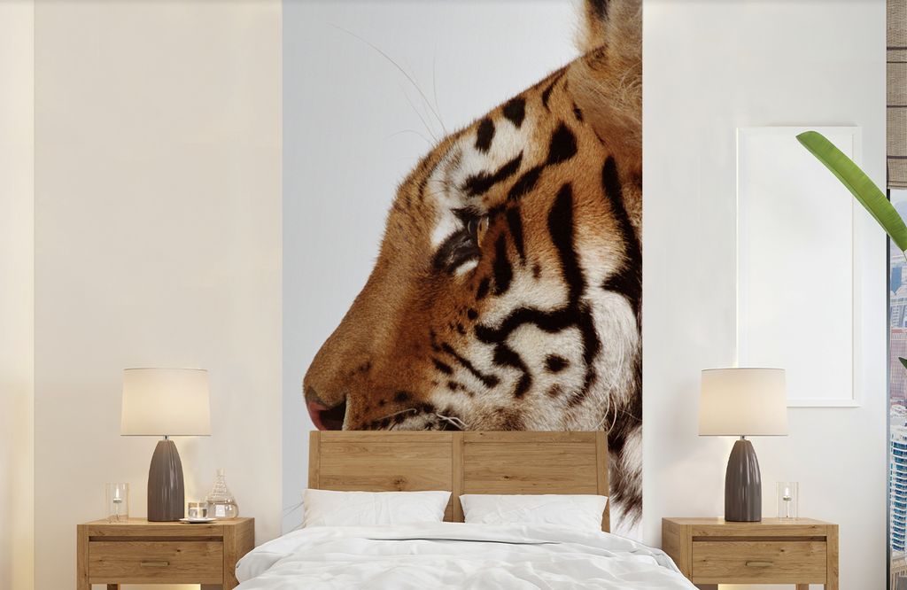 MuchoWow Fototapete für Wohnzimmer oder Schlafzimmer Wandtapete Vinyl Motivtapete Nahaufnahme eines Tigers - 120x240 cm - Hintergrundbild