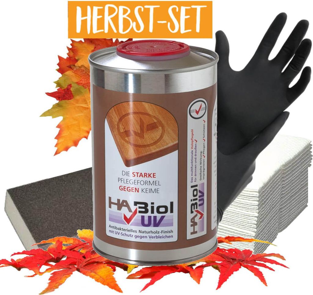 Herbst-Set - HABiol UV 0,5 Liter, Handschuhe, Ölsaugtücher, Schleifschwamm fein