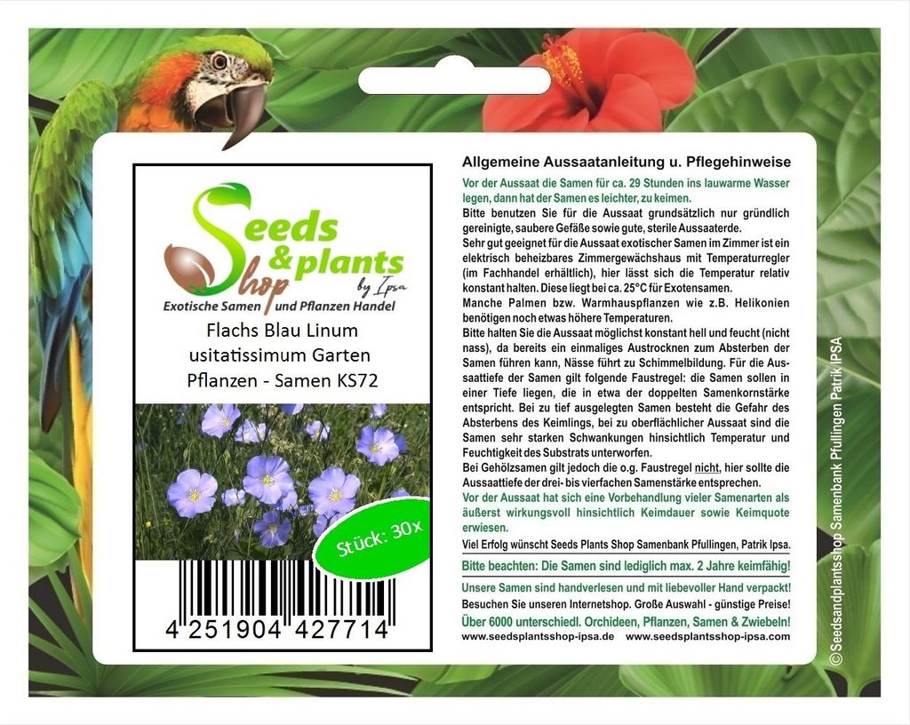 30x Flachs Blau Linum usitatissimum Garten Pflanzen - Samen KS72