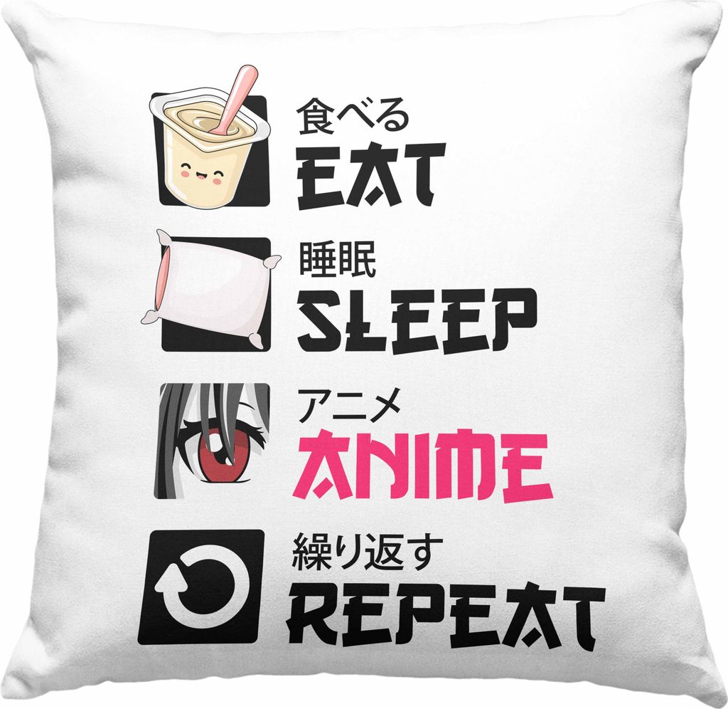 Trendation - Eat Sleep Anime Deko-Kissen mit Füllung 40x40 Geschenk Spruch Deko-Kissen mit Füllung 40x40 Geschenke Deko (Rosa)
