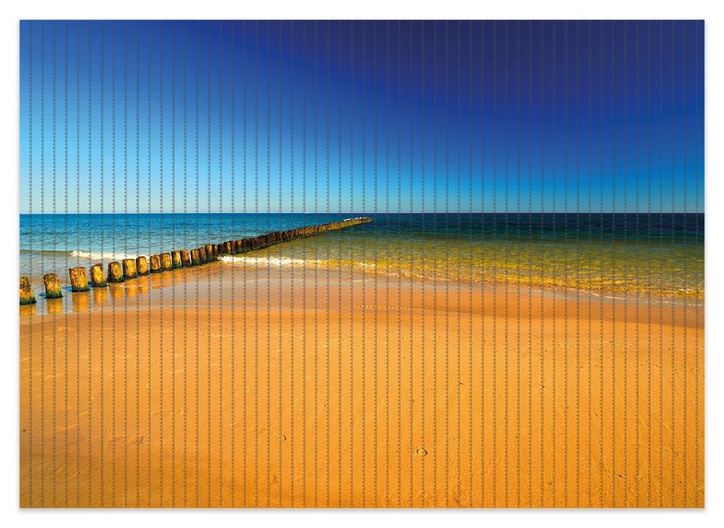Wallario Duschmatte Antirutschmatte Badmatte Fußmatte Sandstrand in orange - Blaues Meer - Blauer Himmel, Größe ca. 70 x 50 cm