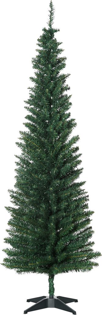 A full shot of a green artificial Christmas tree on a white background.