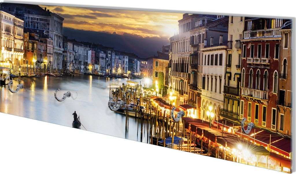 Wallario Flurgarderobe Wandgarderobe aus Glas, mit 5 Haken, Größe 80 x 30 cm, Motiv Canal Grande in Venedig am Abend mit untergehender Sonne
