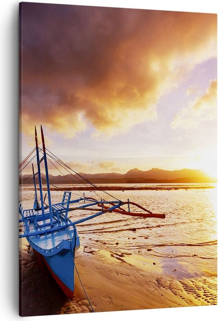 Bild auf Leinwand - Leinwandbild - Einteilig - Ufer Boot Strand - 50x70cm - Wand Bild - Wanddeko - Wandbilder - Leinwanddruck - Kunstdruck - Wandde...