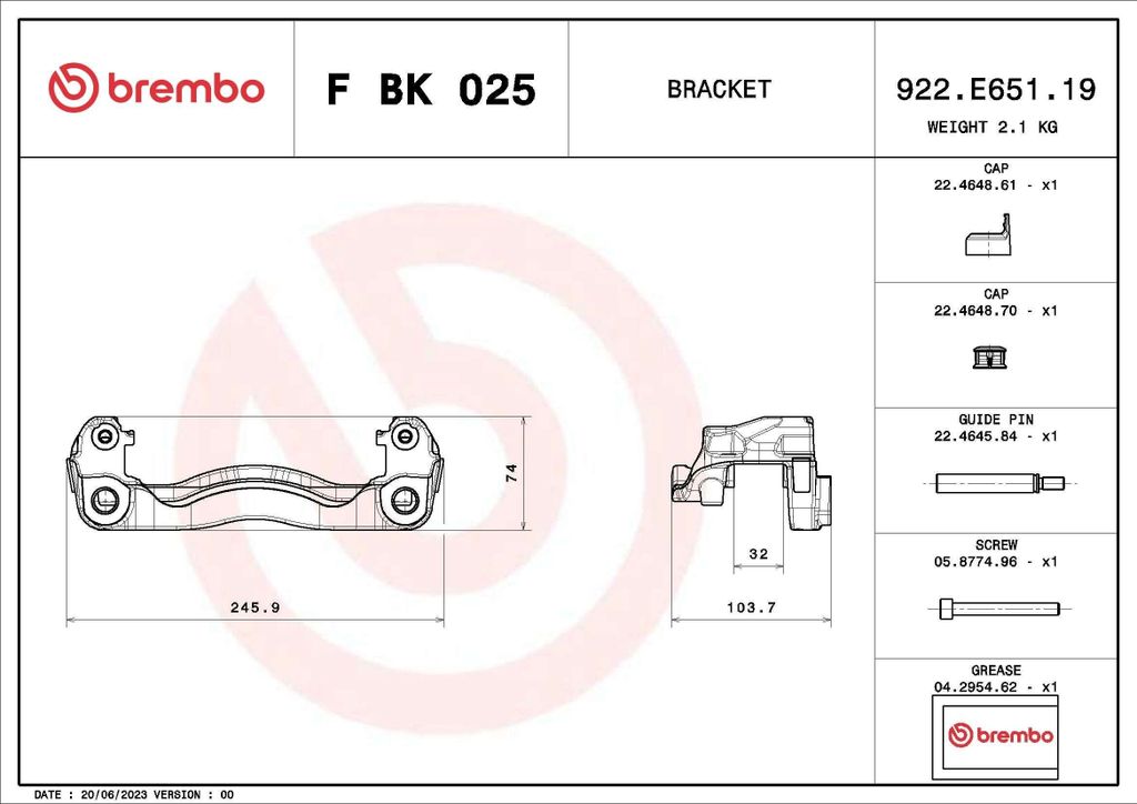 BREMBO F BK 025 - OE A9074233900 Bremssattelhaltersatz für Sprinter (W907)