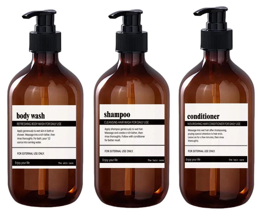 Distributeur de Savon Ambré 500ml et Étiquettes Imperméables - Lot de 3