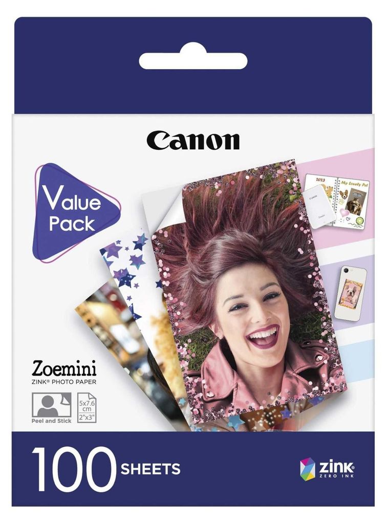 A package of Canon ZINK photo paper, showing sample prints.