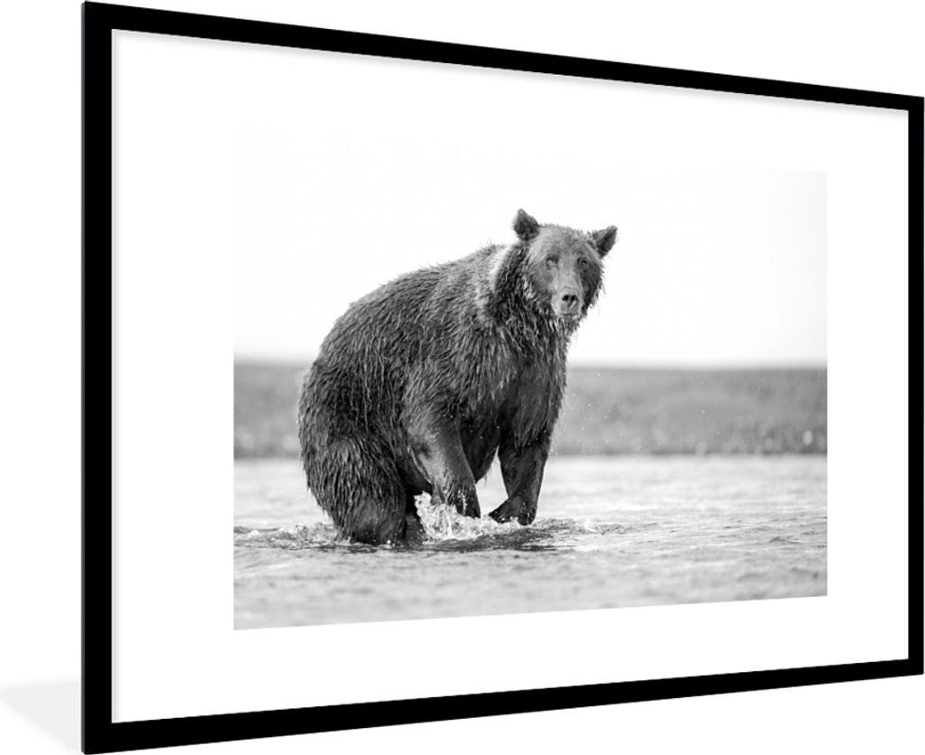 MuchoWow MuchoWow Gerahmtes Poster Bär - Fisch - Wasser 90x60 cm - Poster mit zchwarzem Bilderrahmen - Wanddekoration - Fotos