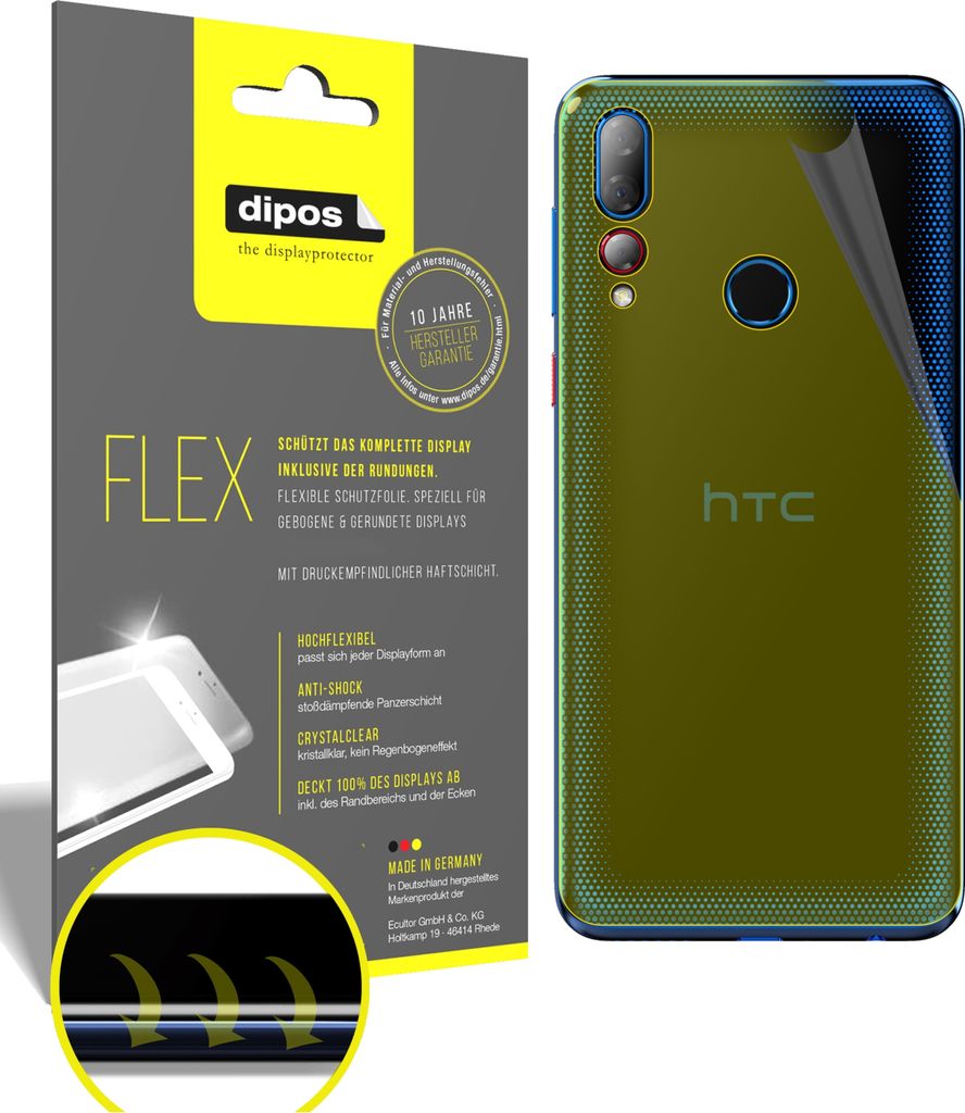 3x Schutzfolie für HTC Desire 19 Plus Rückseite Folie, 100% Displayabdeckung, dipos Flex