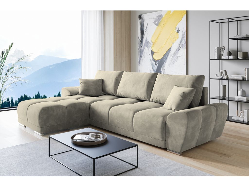 Easy Furniture Velvet Ecksofa in L-FORM Universelle Seitenauswahl 289 x 189 cm - Sofa mit Schlaffunktion - Schlafsofa mit Bettkasten - Farbe: Creme