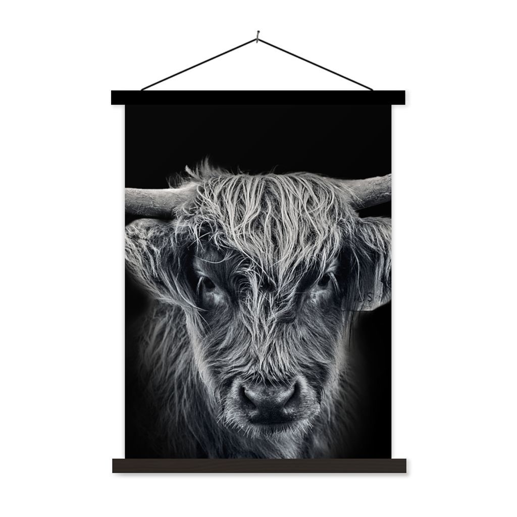 MuchoWow Textilposter Schottischer Highlander - Schwarz - Kuh - Tiere 120x160 cm mit schwarzem Rahmen - Magnetischer